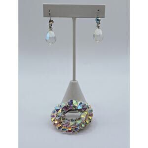 Vintage Aurora Borealis Crystal Teardrop Earrings & Wreath Brooch Set